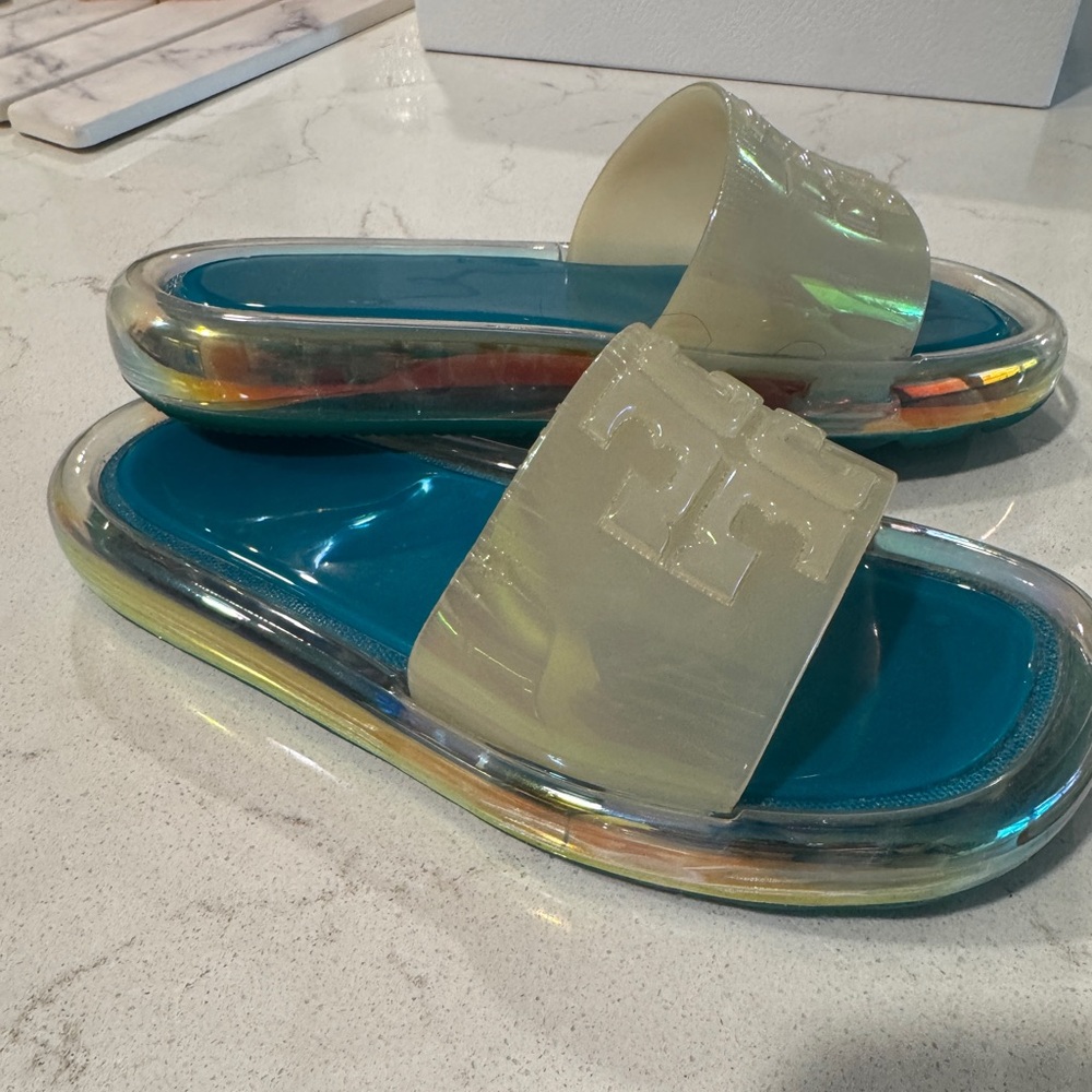Tory Burch Iridescent and Blue Slide Sandals